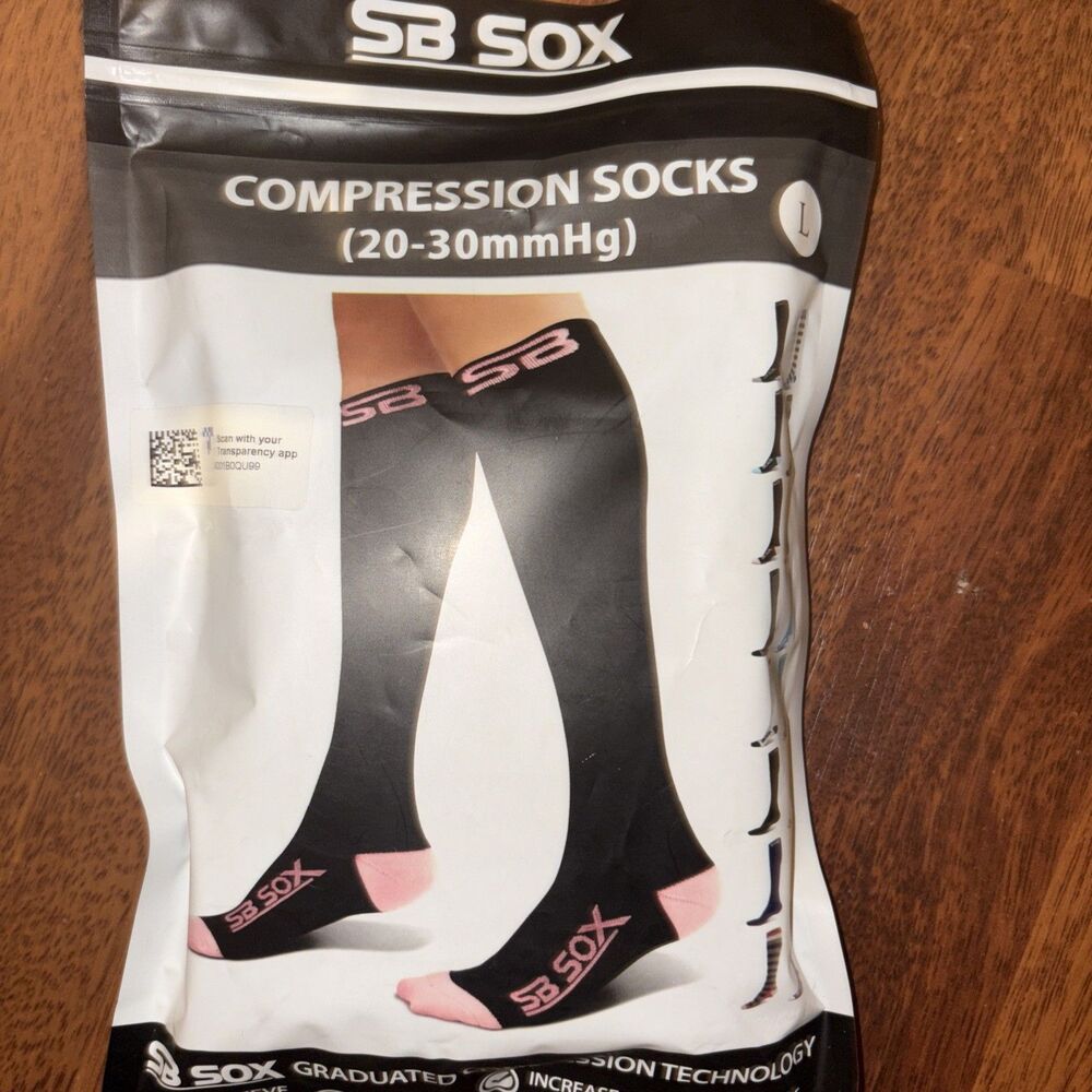 SB SOX Knee High Compression Socks (20-30mmHg) Black / Pink Size Large - NEW